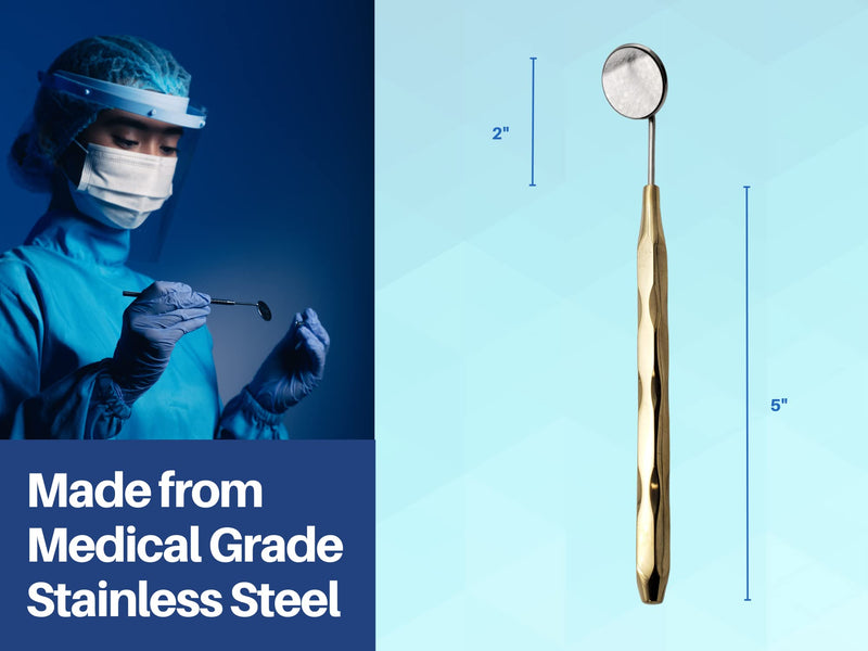 [Australia - AusPower] - Dental Mirror Stainless Steel with Gold Plated Handle, Set of 5 Dental Mirrors Front Surface Rhodium Plasma Coated European Style Threading by ARTMAN Brand 