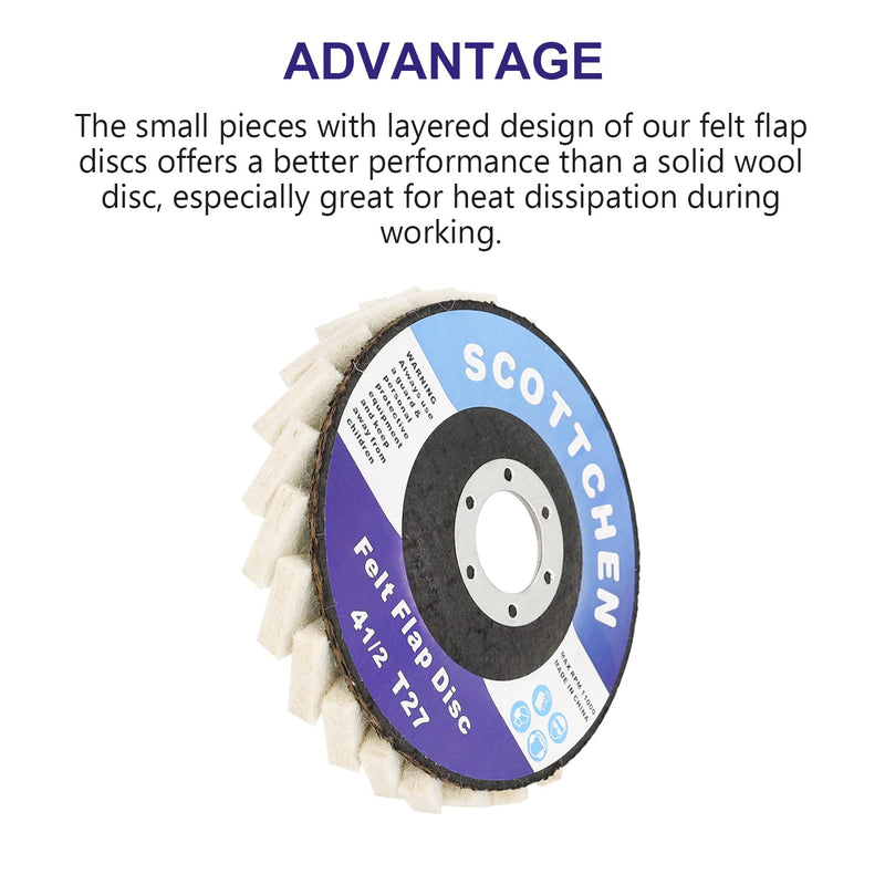 [Australia - AusPower] - SCOTTCHEN Felt Flap Disc Abrasives 4-1/2" x 7/8" Arbor Buffing Polishing Wheel for Angle Grinder - 5 Pack 