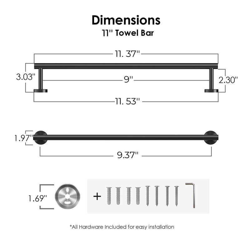 FORIOUS Towel Bar for Bathroom Wall Mounted, 304 Stainless Steel Towel Racks Includes Wall Mounting Hardware, Suitable for Bathroom, RV (Matte Black, 9 Inch) Matte Black 11 Inch Single Bar