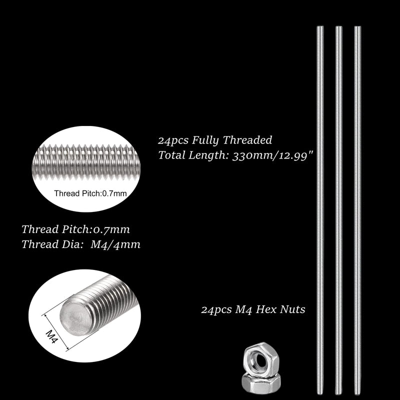 [Australia - AusPower] - Set of 48 Lobergel 8/32 Inch M4 Threaded Rods and Studs, Include 24pcs 12.99" Fully Threaded Rods 24pcs Stainless Steel Hex Nuts, Right Hand Thread Bar for Clamps Hangers Beaded Garden Stakes 12.99 Inch Tatal 48pcs 