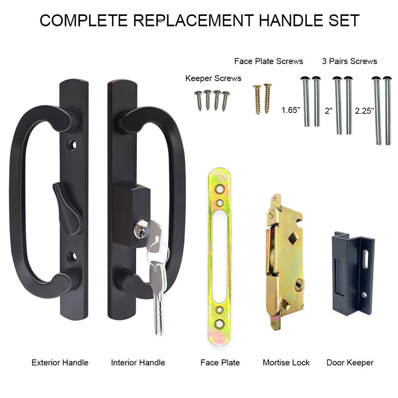 ALLYWASAI Patio Sliding Door Handle Set with Mortise Lock, Key Cylinder and Keeper, Replacement Handle Lock Set Fits Door Thickness from 1-1/2" to 2-1/4", 3-15/16" Screw Hole Spacing, Keyed, Black