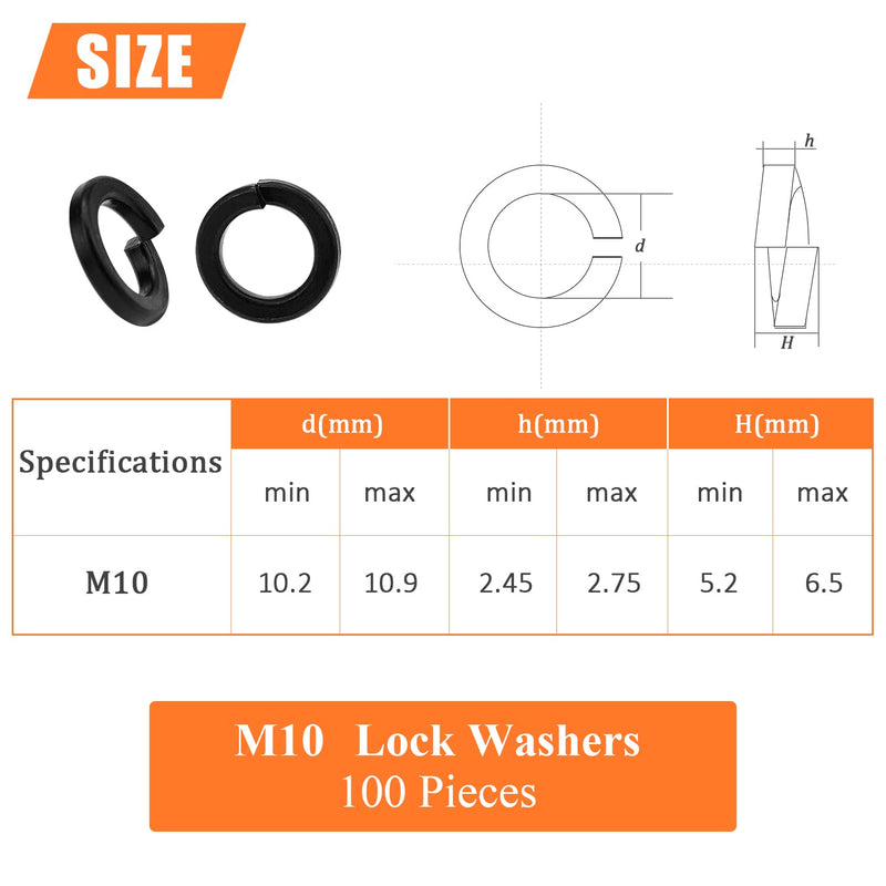 [Australia - AusPower] - 100 Pieces 8.8 Grade Alloy Steel M10 Split Lock Washers, Spring Lock Washers for Screws Bolts, Black M10 (100 PCS) 