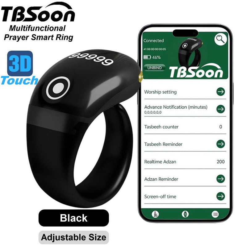 Lightweight Tasbih Smart Ring, Tasbeeh Counters,Prayer Direction Indicator Guide,5 Azan Alarm Clock,Forgiveness,Electronic Rosary,Eid al-Fitr Eid al-Adha Ramadan Gift for men women-Black Pro with APP Black Pro