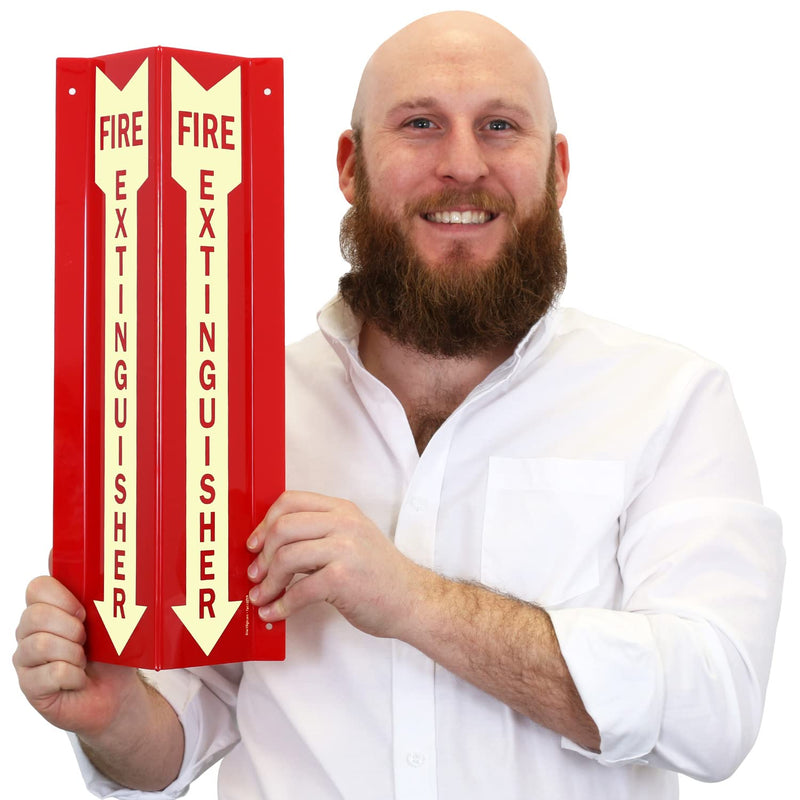 SmartSign "Fire Extinguisher" Two-Sided V-Shaped Projecting Sign with Down Arrow, 18 x 4 inch, 120 mil Thick Glow-In-The-Dark Polished Acrylic, Photoluminescent #2. Glow-in-the-Dark Red Acrylic