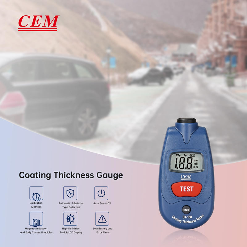 [Australia - AusPower] - CEM Paint Thickness Gauge,Car Boat Coating Tester with Calibration Plates&Battery,Fe/NFe Automatic Recognition Portable Digital Thickness Meter Detector,Backlight LCD Display,Auto Power Off&Lanyard 