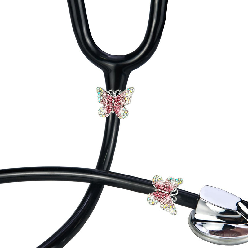 [Australia - AusPower] - 2 Pack AB Pink Butterfly Bling Stethoscope Charms, Stethoscope Id Name Tag for Doctor Nurse Christmas Gift ABPink Butterfly 