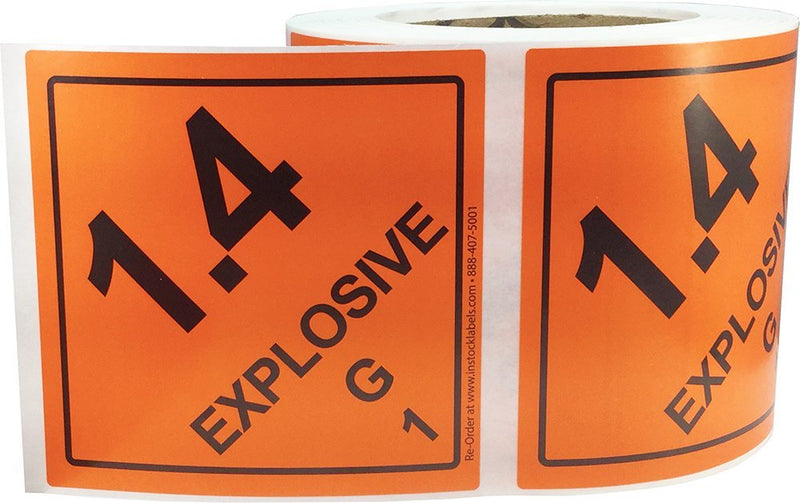 Hazard Class 1 D.O.T. Explosives 1.4G Labels, 4 x 4 Inch Square Orange and Black Hazmat Stickers, 500 Total Adhesive Labels on a Roll for Shipping and Compliance – Made in the USA