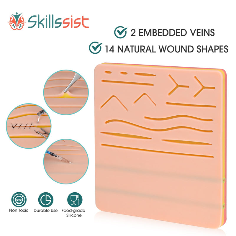 [Australia - AusPower] - Suture Practice Pad & Injection IV Training Pad with 14 Pre-Cut Wounds and 2 Veins, 2-in-1 Training pad for IV Injection Training & Suturing Practice for Medical Students and Doctors 
