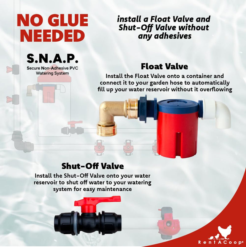 [Australia - AusPower] - RentACoop Glueless Shut-Off Valve Kit Compatible with S.N.A.P PVC Watering System for 1/2" Schedule 40 PVC Pipe - Great for Chickens, Poultry, and Other Animals 