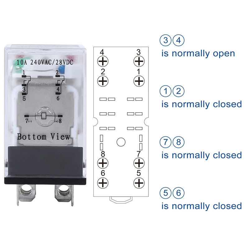 Electromagnetic Power Relay, 8-Pin 10 AMP 24V DC Relay Coil with Socket Base, LED Indicator, DPDT 2NO 2NC - MY5NJ 2PCS [Applicable for DIN Rail System] DC 24V 8Pin-10A-2PCS