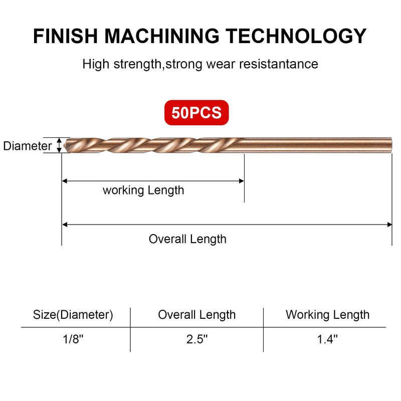 Mudder 50 Pieces 1/8" Drill Bit M35 High Speed Steel Twist Cobalt Drill Bit Set for Hardened Metal Stainless Steel Cast Iron Woodwork Plastic (1/8 Inch) 1/8 Inch (Single Size Set)