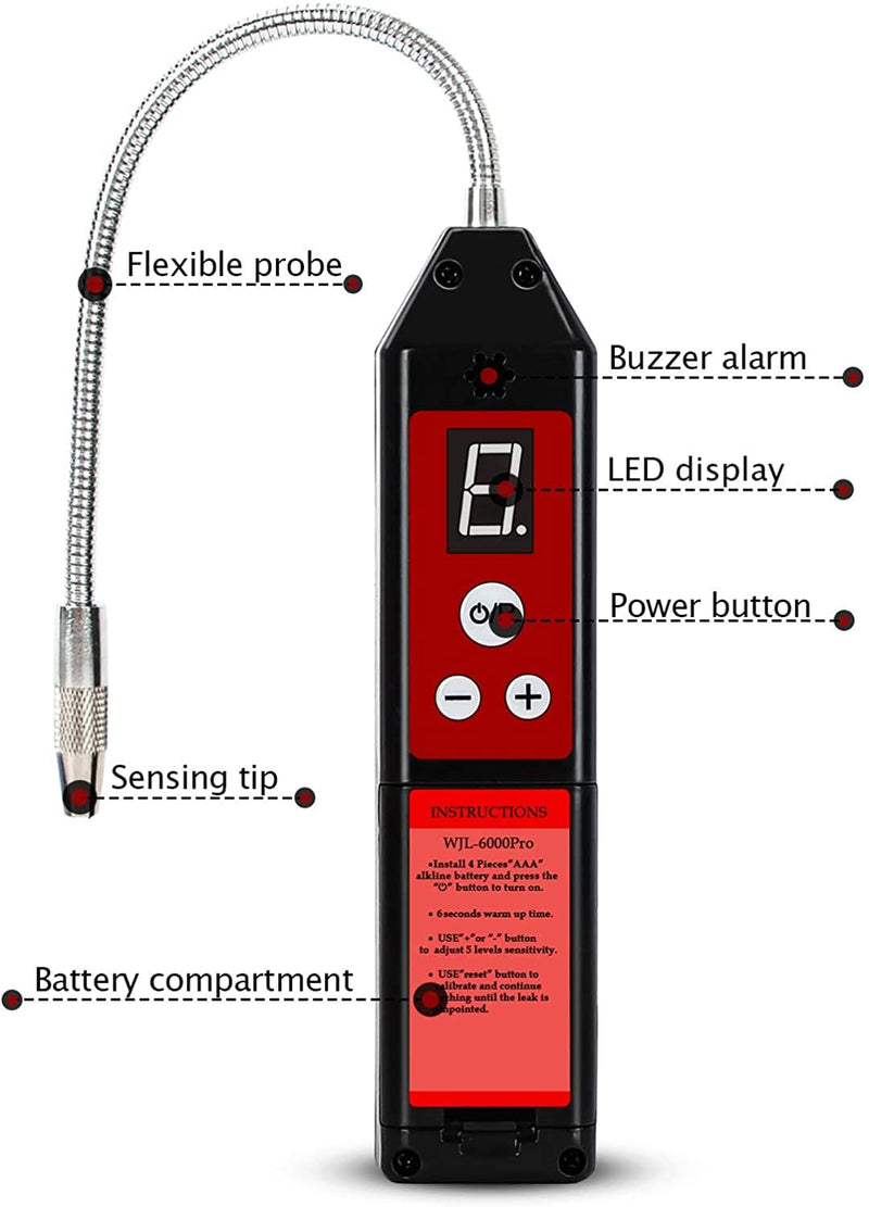 Wale&Morn Leak Detector for Halogen Gas Leakage, Air Condition Refrigerant Leak Detector with Indicator Light HVAC R22 R410A R134A CFCs HCFCs HFCs R1234yf (WJL-6000PRO) WJL-6000PRO