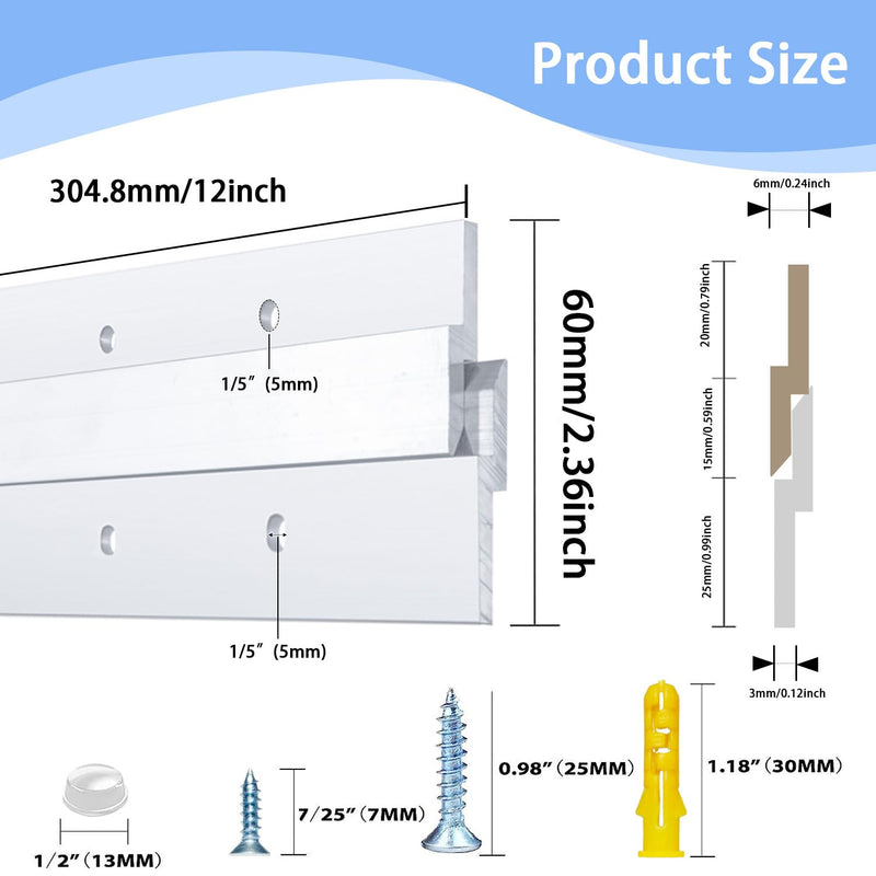 12 Inch French Cleat Hanger, Aluminum French Cleat, Mirror Hanging Hardware, French Cleat Heavy Duty for Panel, Whiteboard, Cabinet, Shelf, Headboard, Art (2 Pairs, Support 80lbs) 12 Inch 2