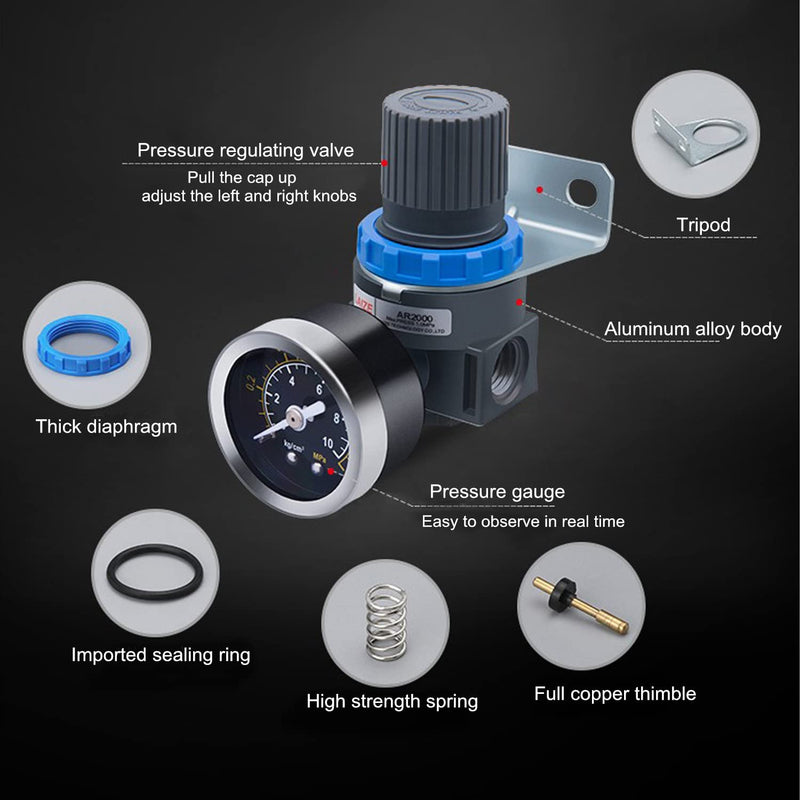 [Australia - AusPower] - 1/4 Inch NPT Thread Air Pressure Regulator with Gauge Mini Air Control Valve for Air Compressor or Air Tools (0-145PSI) Blue 1/4" Air Regulator+PC Fittings 