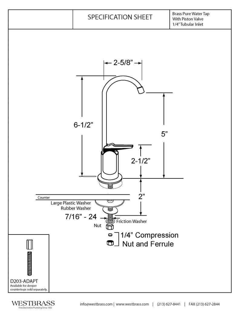 Westbrass D203-NL-07 6" Touch-Flo Style Pure Cold Water Dispenser Faucet, 1 Pack, Satin Nickel