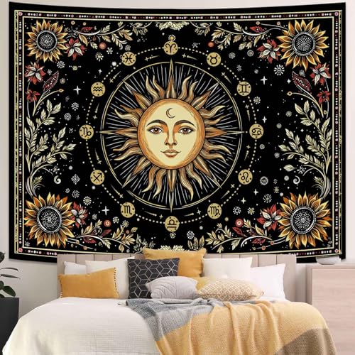 Lunerfex Celestial Sun Tapestry - Zodiac Wheel Wall Hanging for Bedroom and Living Room - Boho Spiritual Decor Tapestries 80"x60" 80"L x 60"W Light Yellow