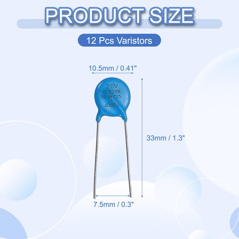 QUARKZMAN 12-piece Varistors 10D820K AC50V DC65V Round Varistor Blue | 10.5mm Diameter Radial Lead Disc Varistor, for Resistive Power Supply Industrial Plants