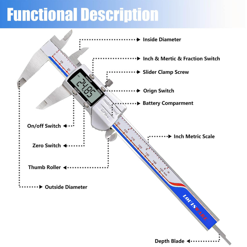 [Australia - AusPower] - Digital Caliper Measuring Tool, IP54 Waterproof Electronic Digital Micrometer Caliper, Stainlee Steel Vernier Caliper with Large LCD Screen, Inch Metric Conversion, 6 Inch for Household/DIY MBF4-1 
