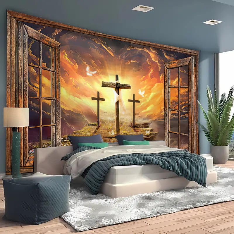 FENDROM Jesus Christ Cross Sunrise Tapestry Sunset Sepulcher Lord Pray Easter Crucifixion Religious Belief Wall Hangings Decor Large Tapestry for Bedroom Living Room Dorm College Church Man Cave 59"L x 51"W