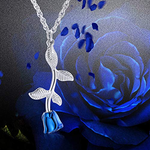 shajwo Rose Flower Urn Necklace Cremation Jewelry for Ashes Silver+blue