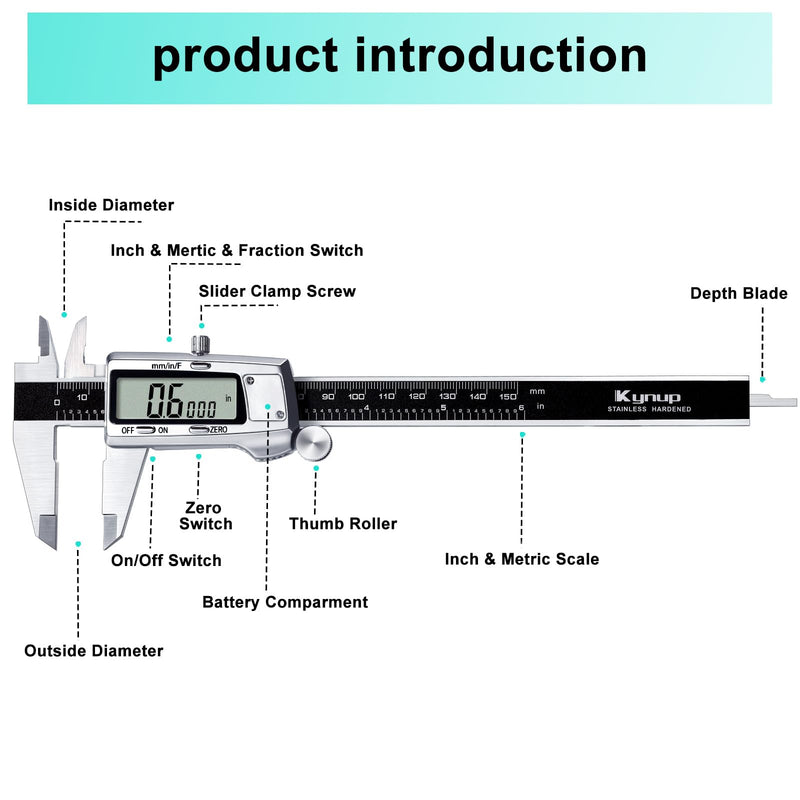 [Australia - AusPower] - Kynup Digital Caliper, 150mm Electronic Calipers Measuring Tool, Precision Digital Tool Vernier Micrometer Measuring Tools with Mm/Inch/Fraction Conversion Black 