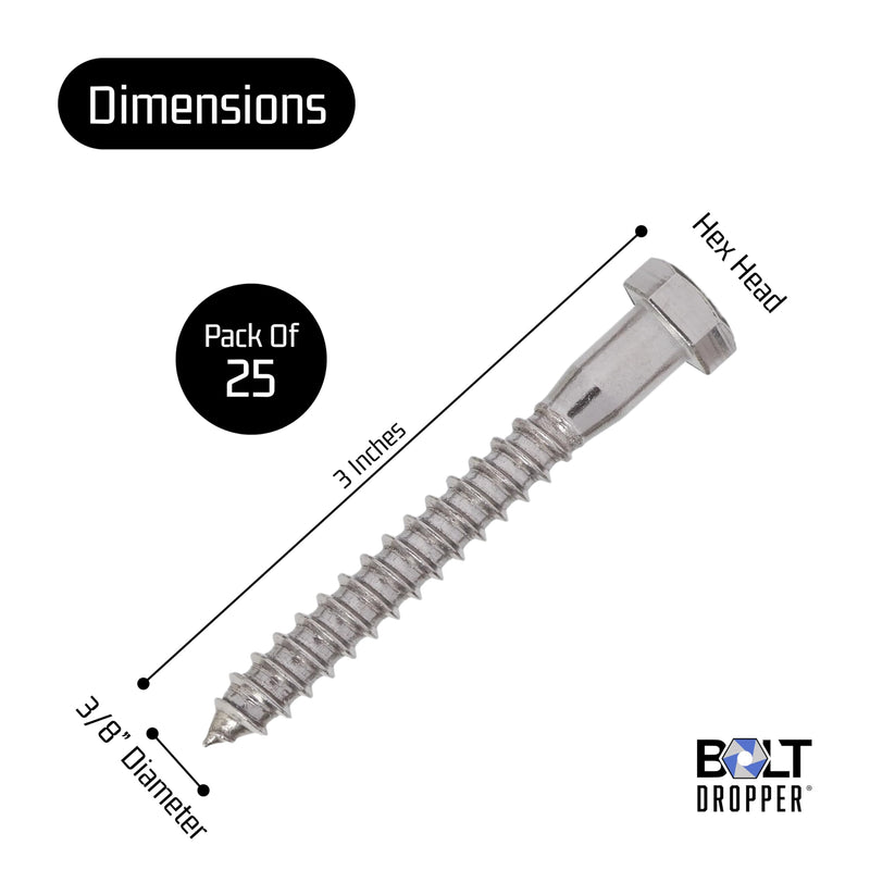 Bolt Dropper 3/8" x 3" Stainless Hex Head Lag Bolt Screws, (25 Pack), 304 (18-8) Stainless Steel Coach Bolts/Large Screws for Wood with Plain Finish by Bolt Dropper 3/8" x 3"