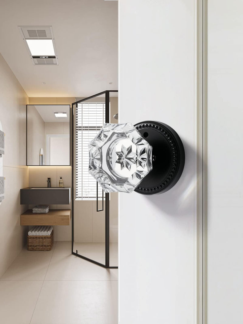 Black Door Knobs Crystal Door Knob Interior Privacy Glass Door Knob for Bedroom and Bathroom,Zinc Alloy Matte Black 1 Pack Black-Privacy