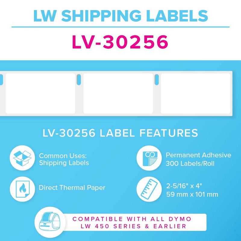 LV-30256 Shipping Labels 2-5/16 in x 4 in - Compatible with Dymo LabelWriter 450 Series and Earlier - 300 Direct Thermal Labels per Roll - Permanent Adhesive