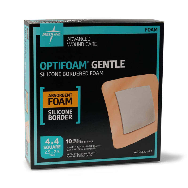 [Australia - AusPower] - Medline Optifoam Gentle Foam Wound Dressing with Silicone Adhesive Border, 4" x 4", Educational Packaging, Pack of 10 4" x 4" 