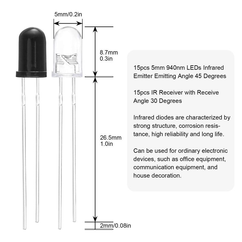 [Australia - AusPower] - F5 940nm LEDs Infrared Emitter and IR Receiver Diode for Arduino 5MM Infrared Emission+Receiver Tube (Set of 30pcs) 5mm Ir Led Diode Kit (30pcs) 