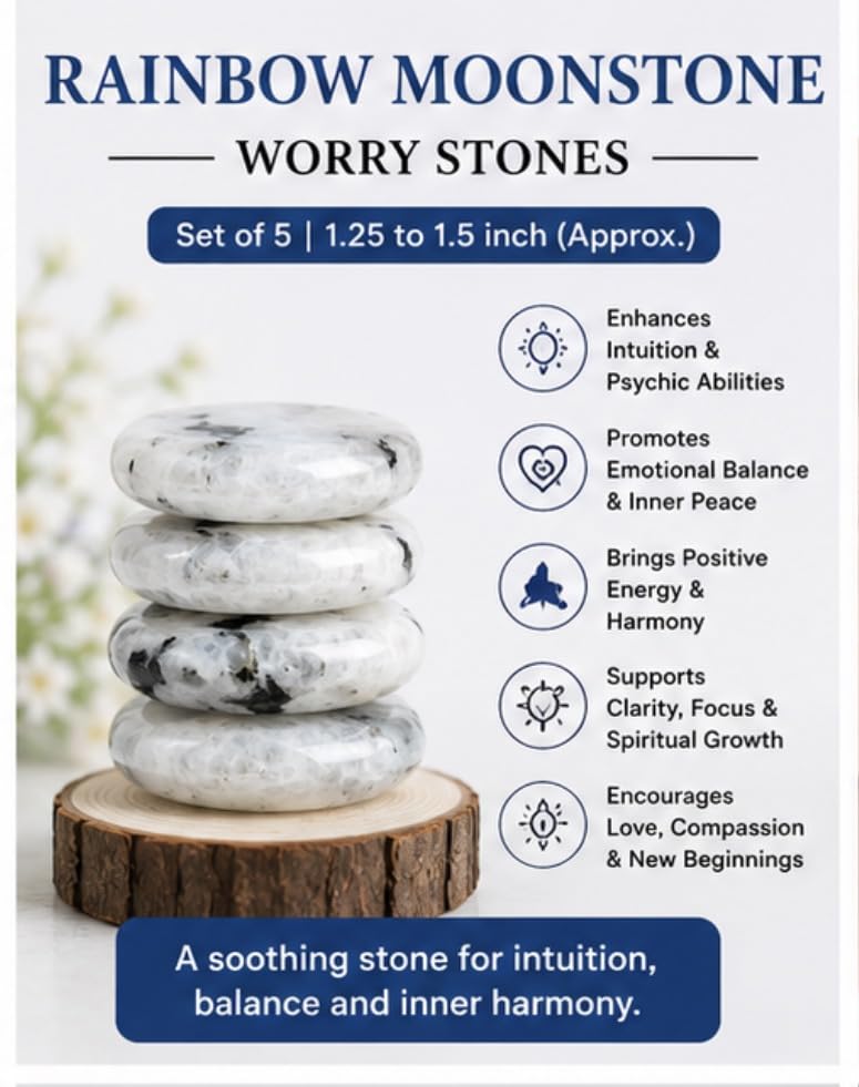 Set of 5 Rainbow Moonstone Worry Thumb Stones Wellness Crystal Healing Positive Energy Palm Stones Meditation Reiki White Black