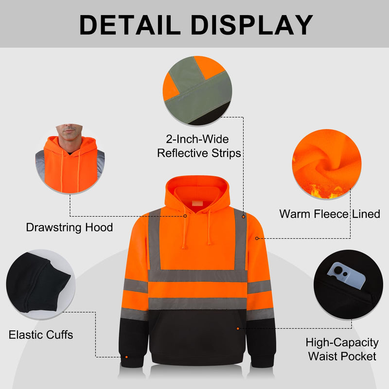 HYCOPROT High Visibility Sweatshirt ANSI Class 3 Reflective Safety Hoodie Hi Vis Hooded Pullover with Black Bottom… Orange XX-Large