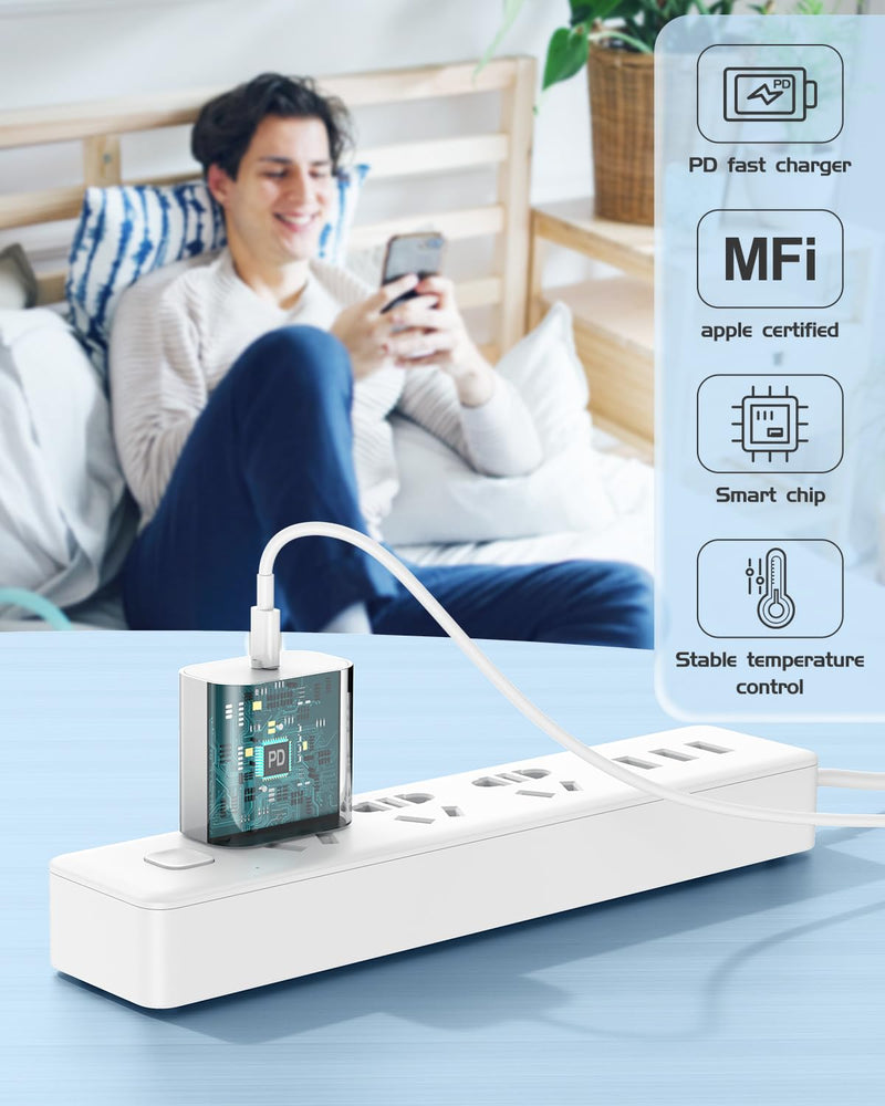 [Australia - AusPower] - iPhone 14 13 12 Charger Fast Charging, 2 Pack 20W Fast PD USB C Wall Charger Adapter with 3Pack 6Ft USB C to Lightning Cable (MFi Certified) for 14/14 Plus/14 Pro/14 Pro Max/13/ White iPhone 14-6FT 