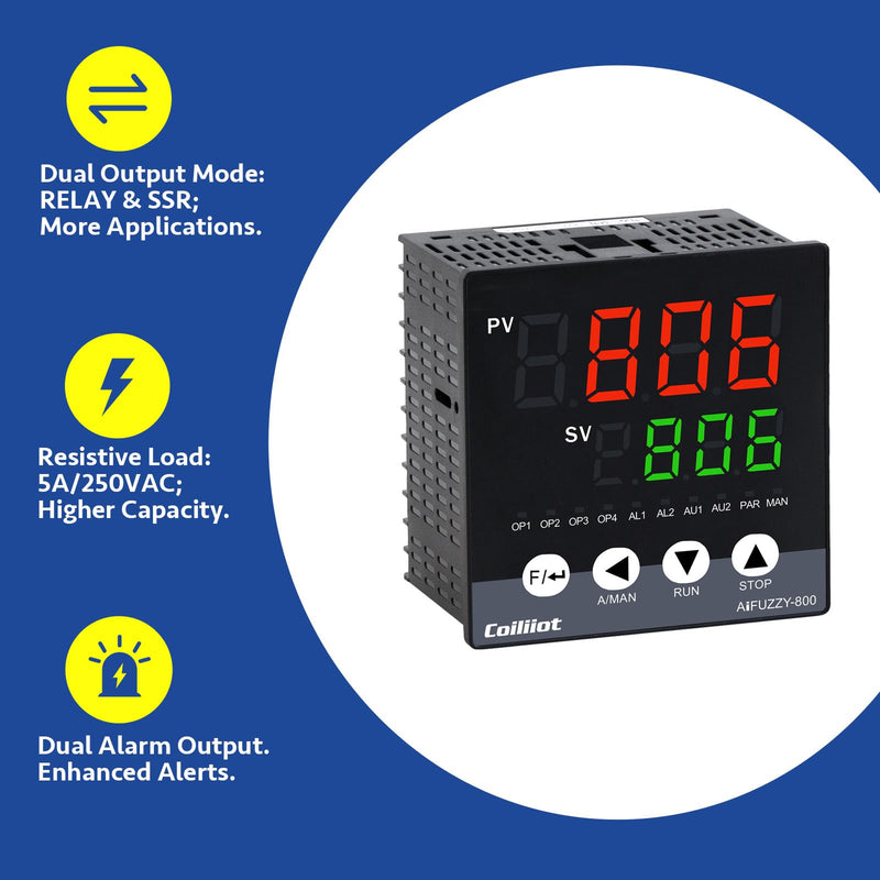 [Australia - AusPower] - PID Temperature Controller, Coiliiot Voltage AC100-240V, LED Display, Relay & SSR Dual Output, One Alarm Output, PID Thermostat with K Thermocouple (96mm*96mm) 96mm*96mm 