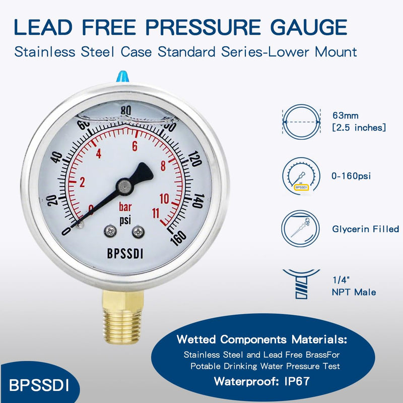 [Australia - AusPower] - 0-160 Psi Glycerin Liquid Filled Low Pressure Gauge, 2.5" Dial Size, 1/4" NPT Lower Mount, 304 Stainless Steel Case, for Water Pump, Pneumatic Air, RV Hose, Gas Pressure Test 0-160 psi 