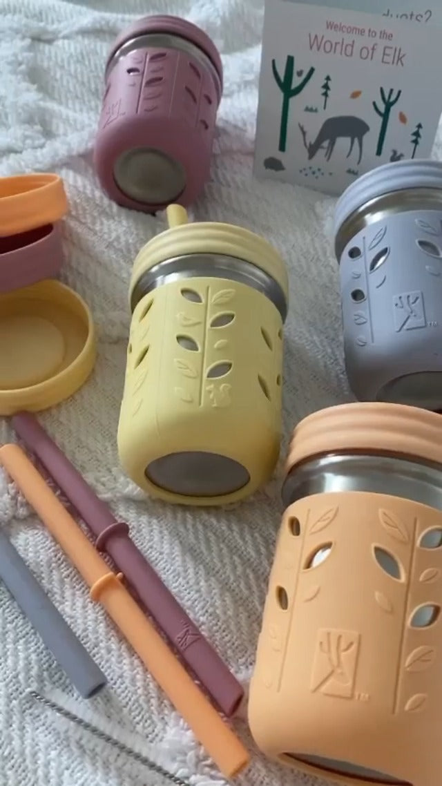 Elk and Friends Kids 10oz Stainless Steel Mason Jars + Sleeves + Lids | 4pk Pink/Teal/Yellow/Blue