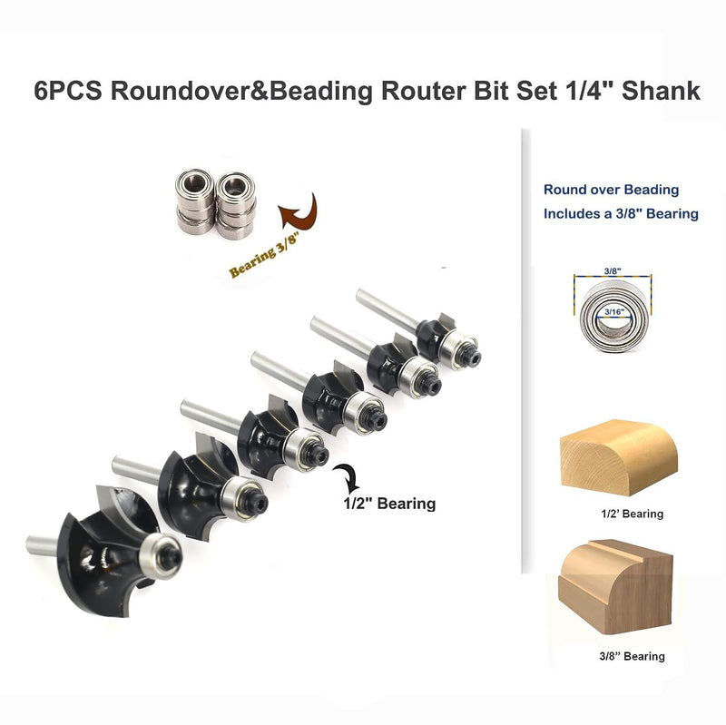[Australia - AusPower] - 6pcs Roundover Router Bit Set - Round Over Router Bits 1/4 Shank with 6 Bearings 3/8", Carbide Corner Rounding Edge-Forming Bit, for Round Over Beading, for Rounding Trim 6pcs roundover bit 