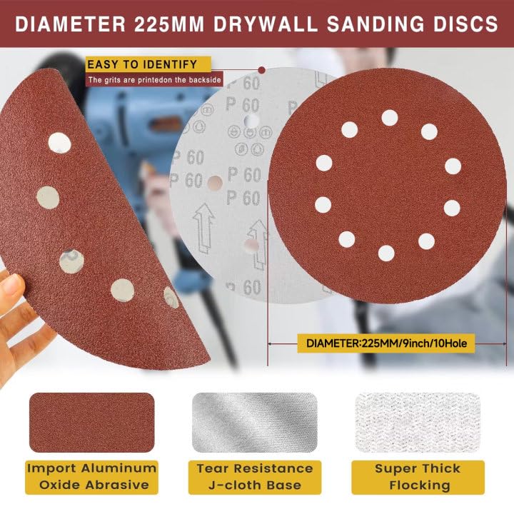 Stebruam Pack of 30 Sandpaper 225 mm Velcro 10 Holes Grit P40 | Sanding discs, drywall sander, sanding giraffe long-neck sander, sanding giraffe