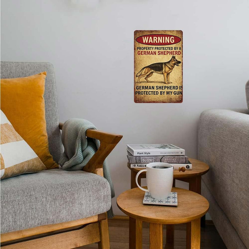 German Shepherd Warning Sign - Property Protected by Gun - Rustic Decorative Wall Art - 12x8 inch Aluminum Plaque for Home, Office, or Garage