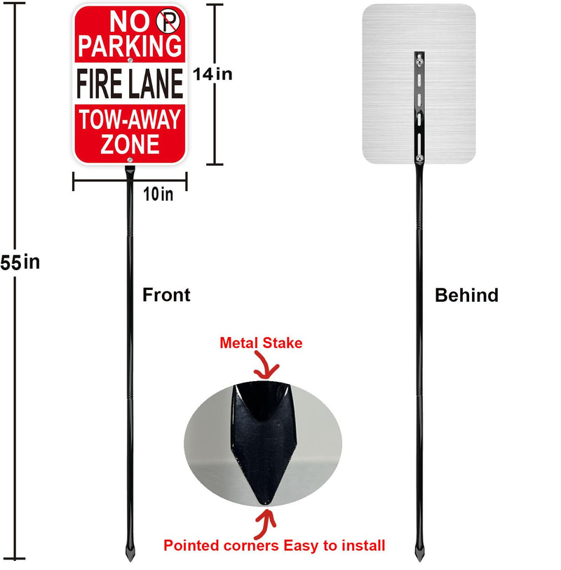 No Parking Fire Lane Sign, with 54 Inch Black Metal Stakes, 10 x 14 Inches Reflective Sheeting Rust Free Aluminum, 2 Pack, Indoor/Outdoor Use Red - 2 Pack - with 54" Metal Stakes