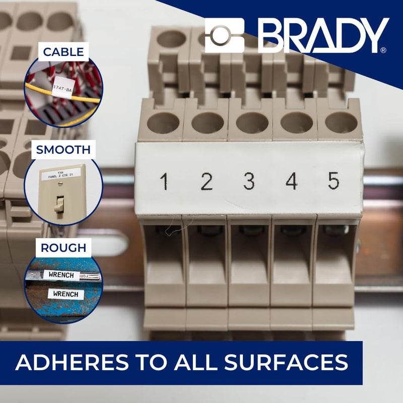 Brady Authentic (M4C-750-499) Aggressive Adhesive Multi-Purpose Nylon Labels 0.75 in W x 16ft Black on White. for use with The BMP41, BMP51, and M511 Label Printers