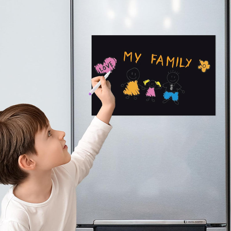 [Australia - AusPower] - Magnetic Black Dry Erase Board for Fridge with Bright Neon Chalk Markers (12x8") - 4 Liquid Blackboard Markers with Magnet, Small Chalkboard Magnet White Board Refrigerator Magnetic Whiteboard Sheet 12x8 