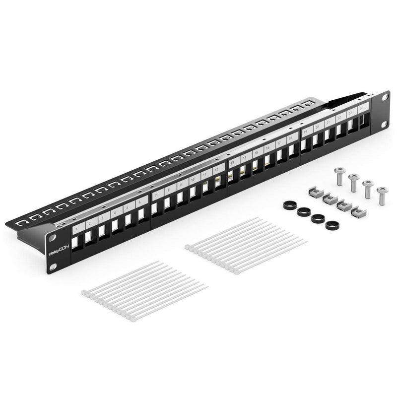 deleyCON 24 Port Patch Panel Keystone 1 HE 19 Inch Black | Modular for Keystone Module, Rack Installation, Compatible CAT5 CAT6 CAT7 CAT8, LAN Network Installation Cable