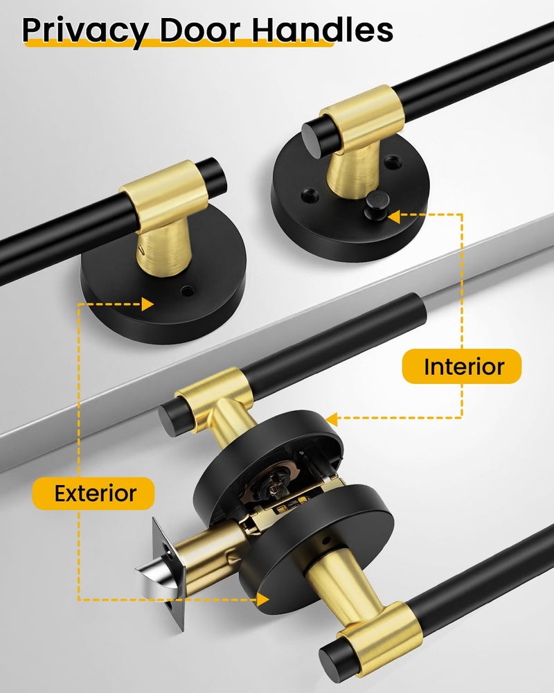Goldenwarm 1 Pack Black and Gold Interior Door Handle, Privacy Lever Door Handle, Matte Black Interior Door Lever Pack, Black and Gold Door Handles Interior for Bedroom, Bathroom
