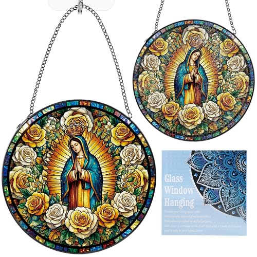 Virgen de Guadalupe Crowned Yellow White Roses Stained Glass Suncatcher Guadalupe Yellow White Roses