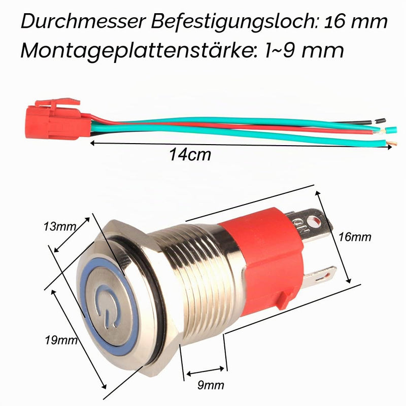 GUUZI 220V-230V/15A Self-Locking Push Button Switch NO Waterproof White LED Light Illuminated 16 mm Metal Power Start Push Button with Socket Plug Cable White 220V/230V snap-in switch