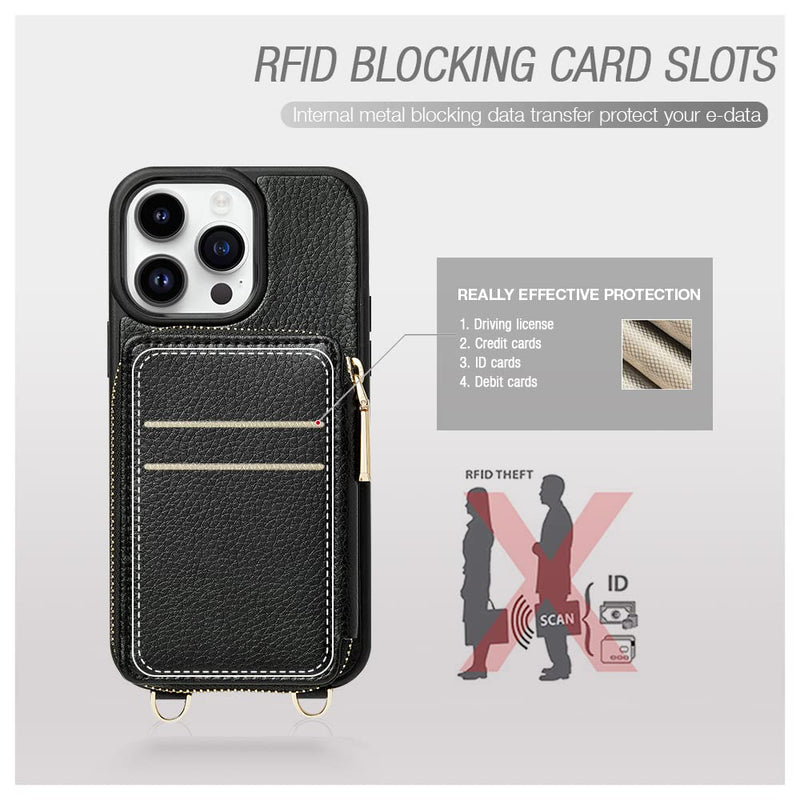[Australia - AusPower] - ZVE iPhone 13 Pro Max Crossbody Wallet Case, Card Holder Phone Case for Women, Zipper Leather Purse with Wrist Strap, RFID Blocking Cover Gift for iPhone 13 Pro Max (6.7 inch, 2021)- Black iPhone 13 Pro Max, 6.7" 