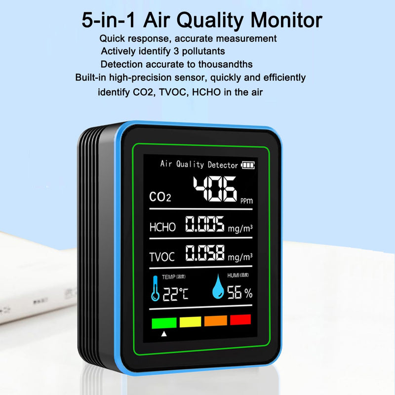 [Australia - AusPower] - Indoor Air Quality Monitor:Temperature Humidity Sensor with CO2, TVOC, HCHO, Professional Portable Detector, 5 in 1 Air Quality Meter for Home, Office, School, Hotel 5-in-1 