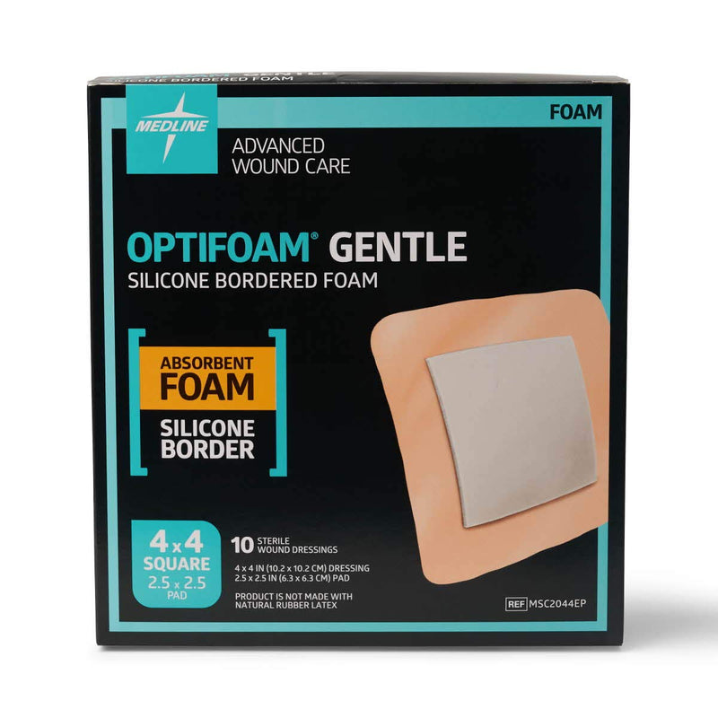 [Australia - AusPower] - Medline Optifoam Gentle Foam Wound Dressing with Silicone Adhesive Border, 4" x 4", Educational Packaging, Pack of 10 4" x 4" 