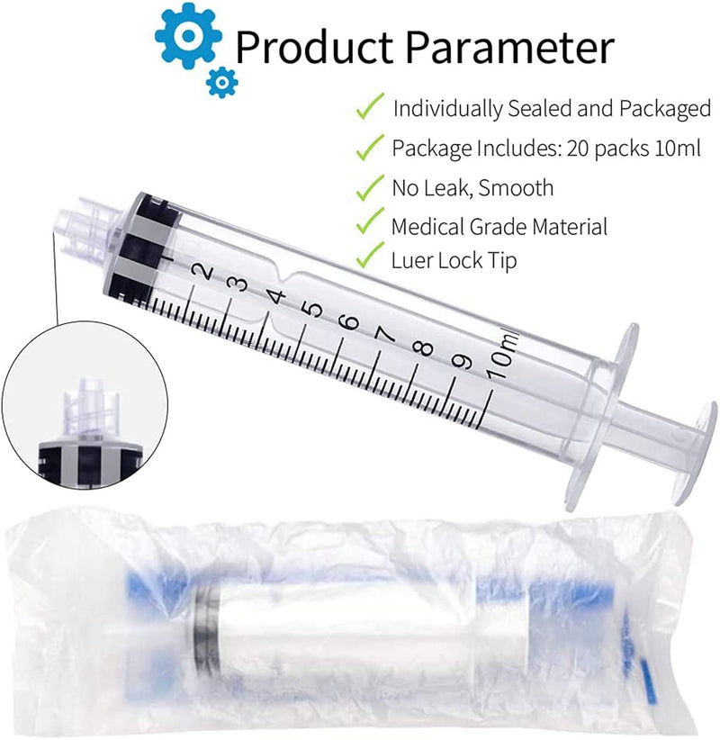 [Australia - AusPower] - Pack of 20 10 ml Luer Lock Syringe, Individually Sterile Sealed 10 ml Plastic Luer Lock Syringe without Needle, for Scientific Laboratories, Epoxy Resin, Crafts, Feeding Pets (10 ml) 10ml 